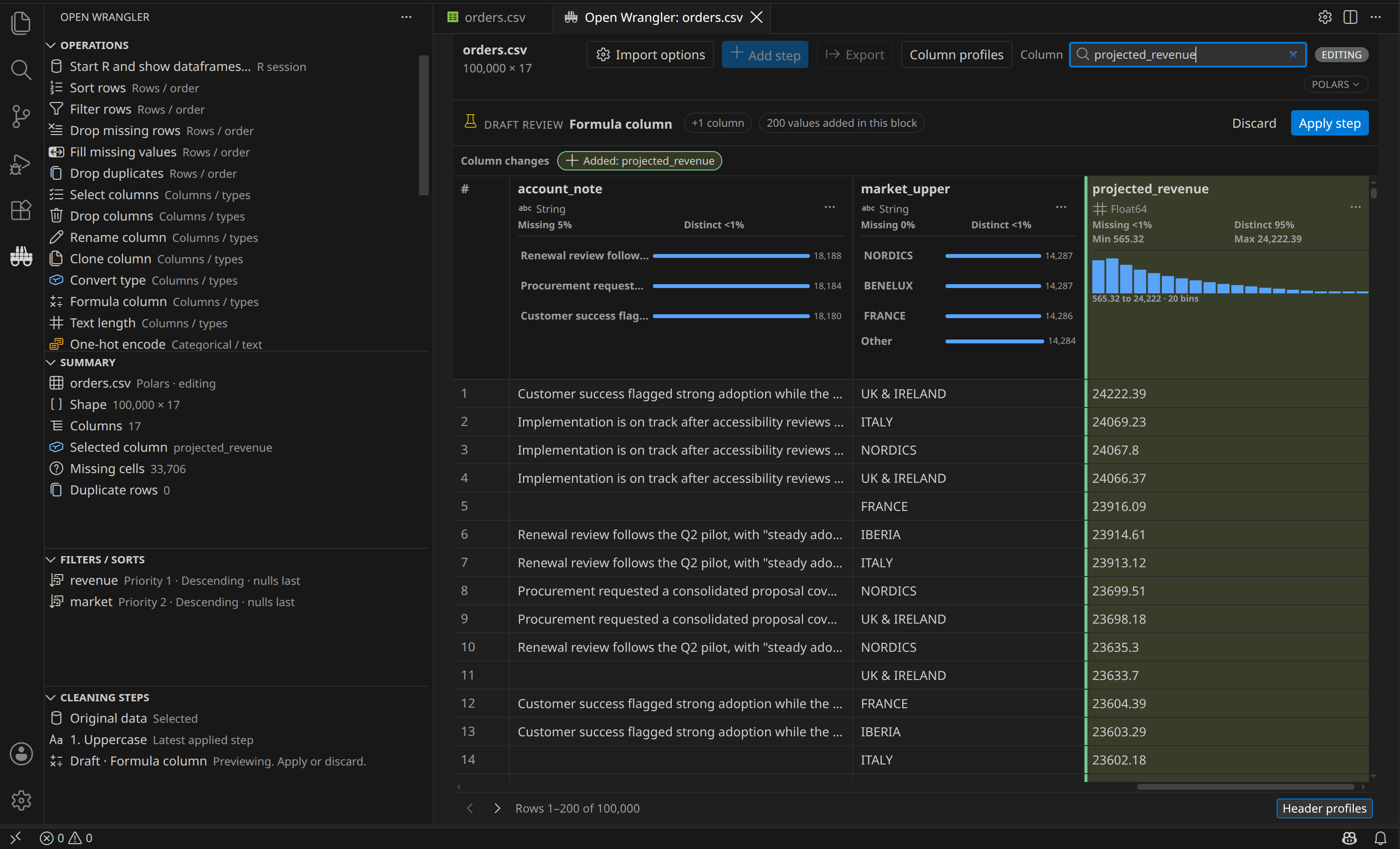 Open Wrangler showing Operations, Summary, Filters and Sorts, and Cleaning Steps beside a dataframe draft