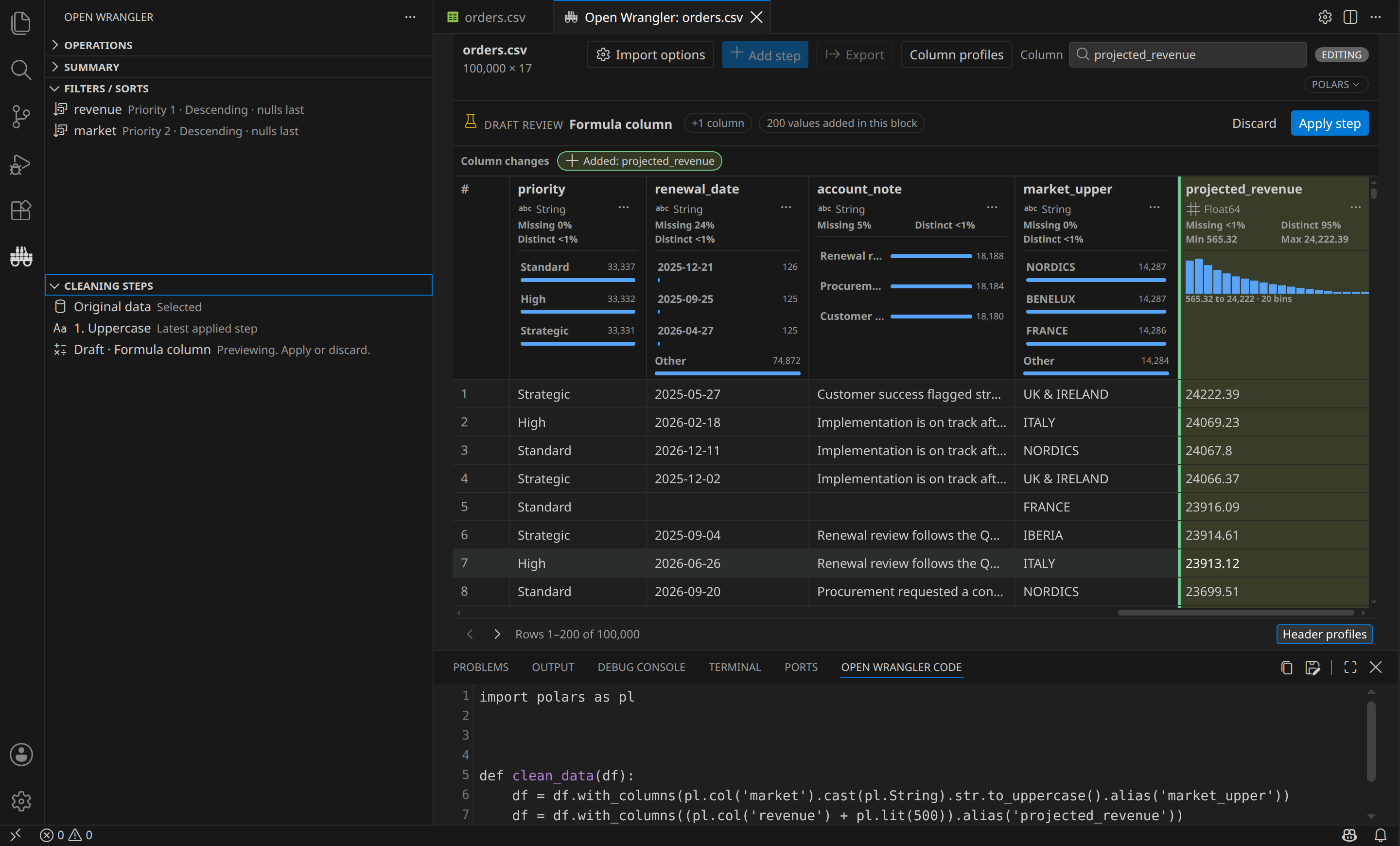 Open Wrangler reviewing a Polars draft with two viewing sorts, cleaning history, highlighted new values, Apply and Discard, and generated code