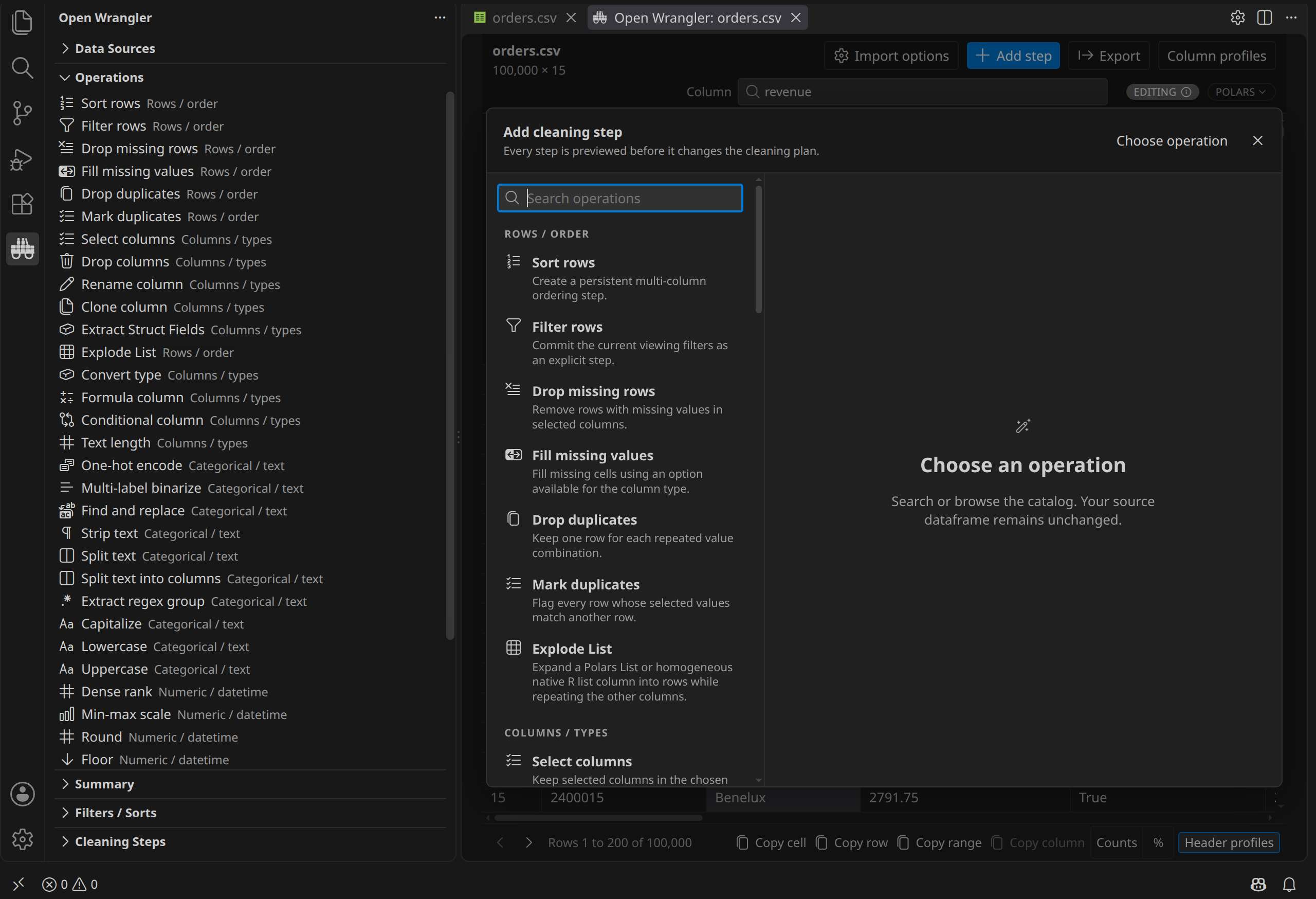The searchable cleaning-operation picker in Open Wrangler