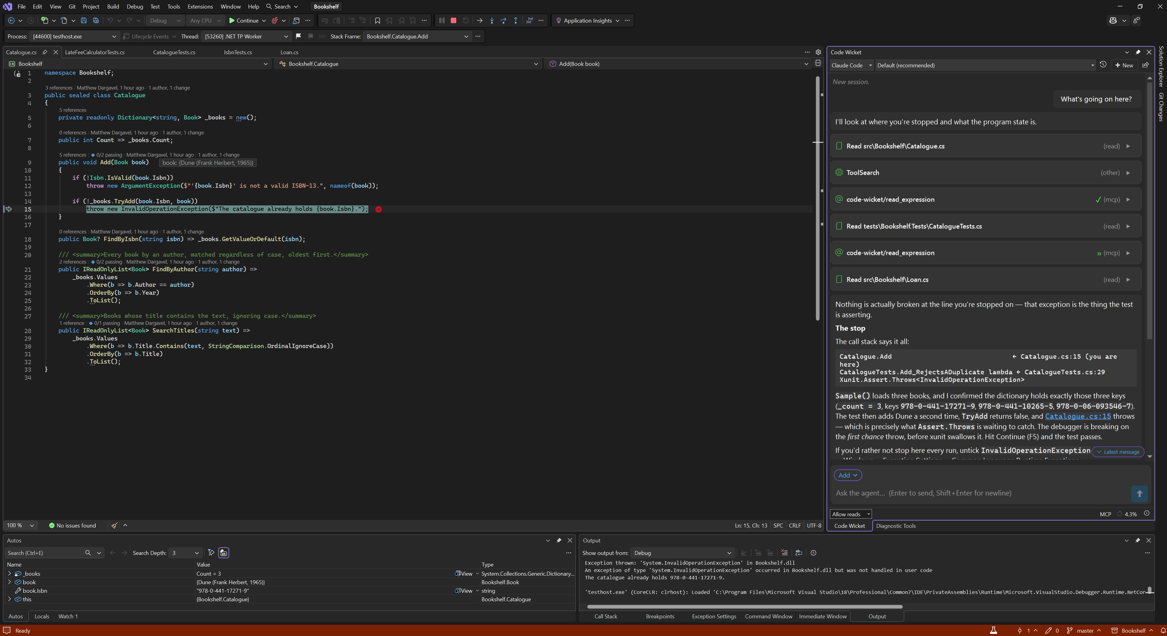 The agent reading values from a process stopped in the debugger, with the call stack and locals in its answer