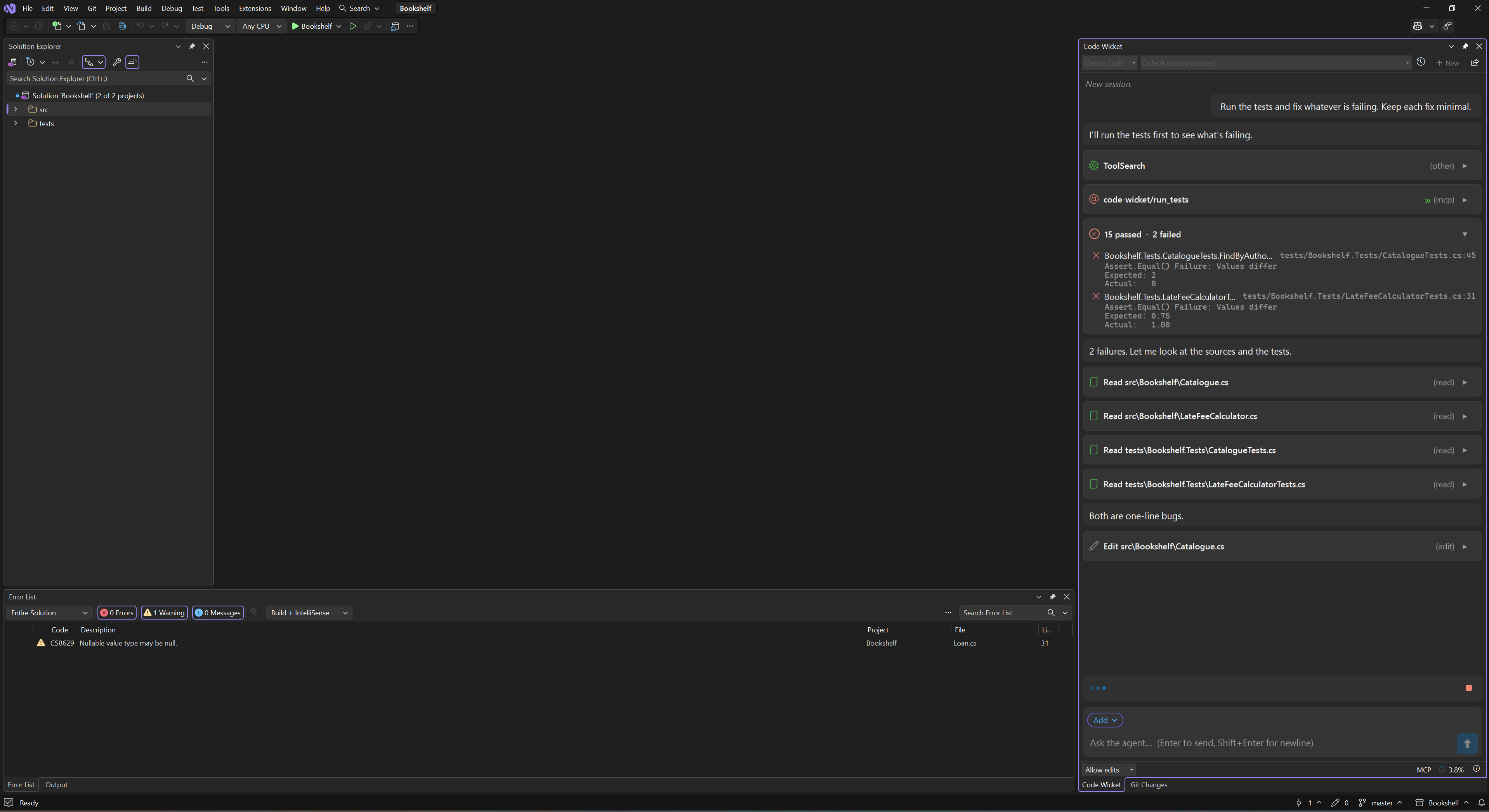 The agent runs the tests through Visual Studio and reads back two failures with their messages and source locations