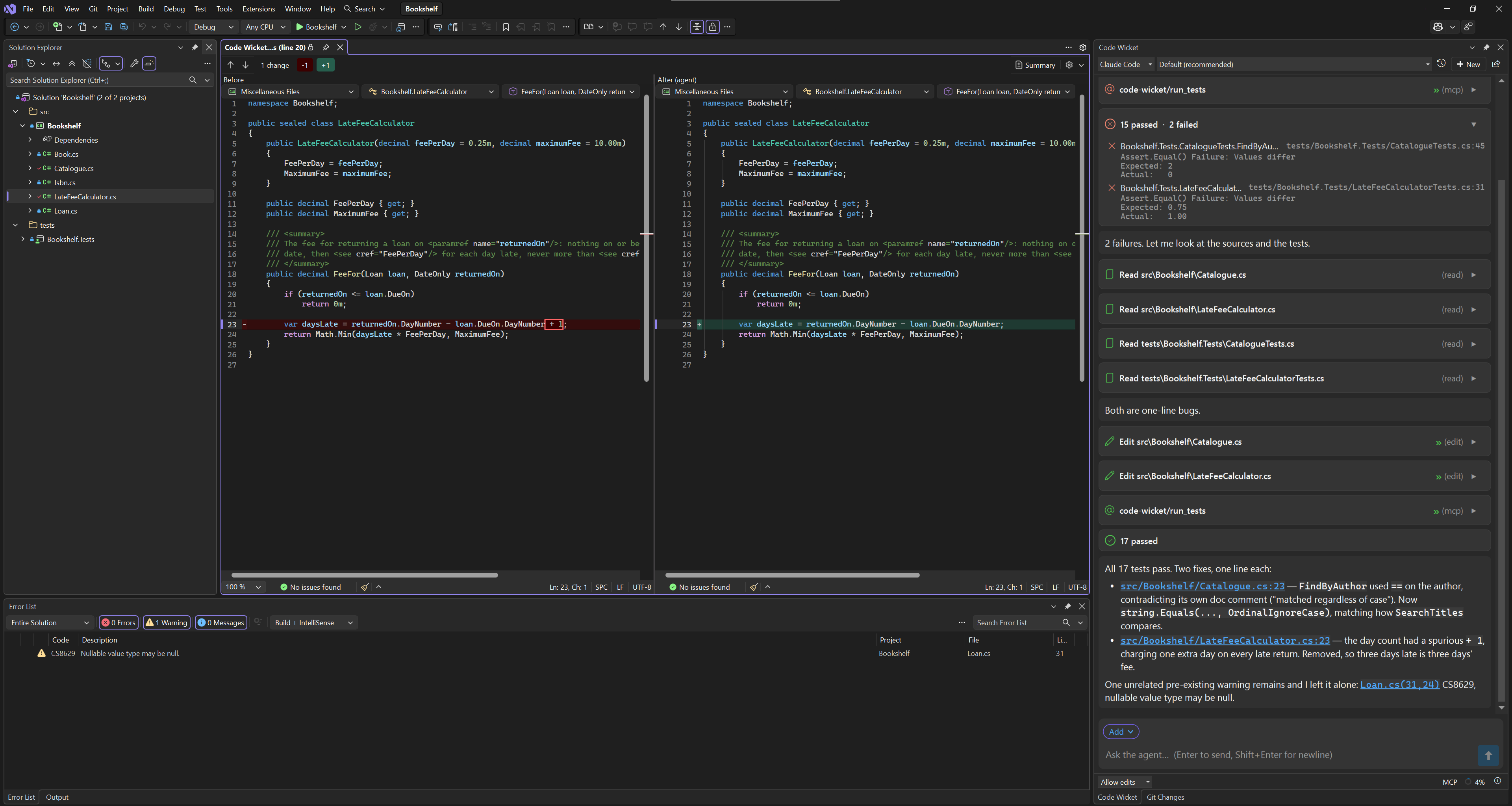 Code Wicket docked in Visual Studio: the agent has fixed two failing tests, and one of its edits is open in Visual Studio's own diff viewer