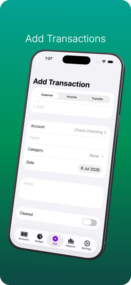 Add Transaction screen with type, amount, account, and category
