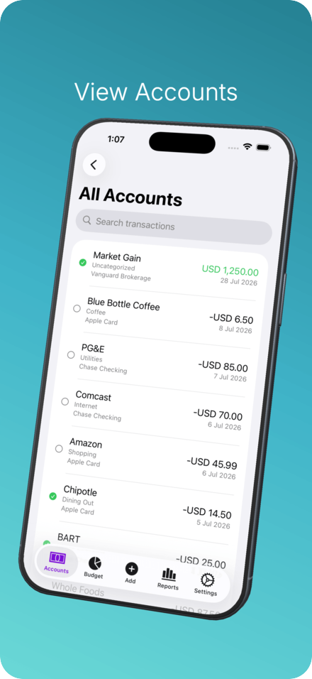 All Accounts view with a searchable transaction list