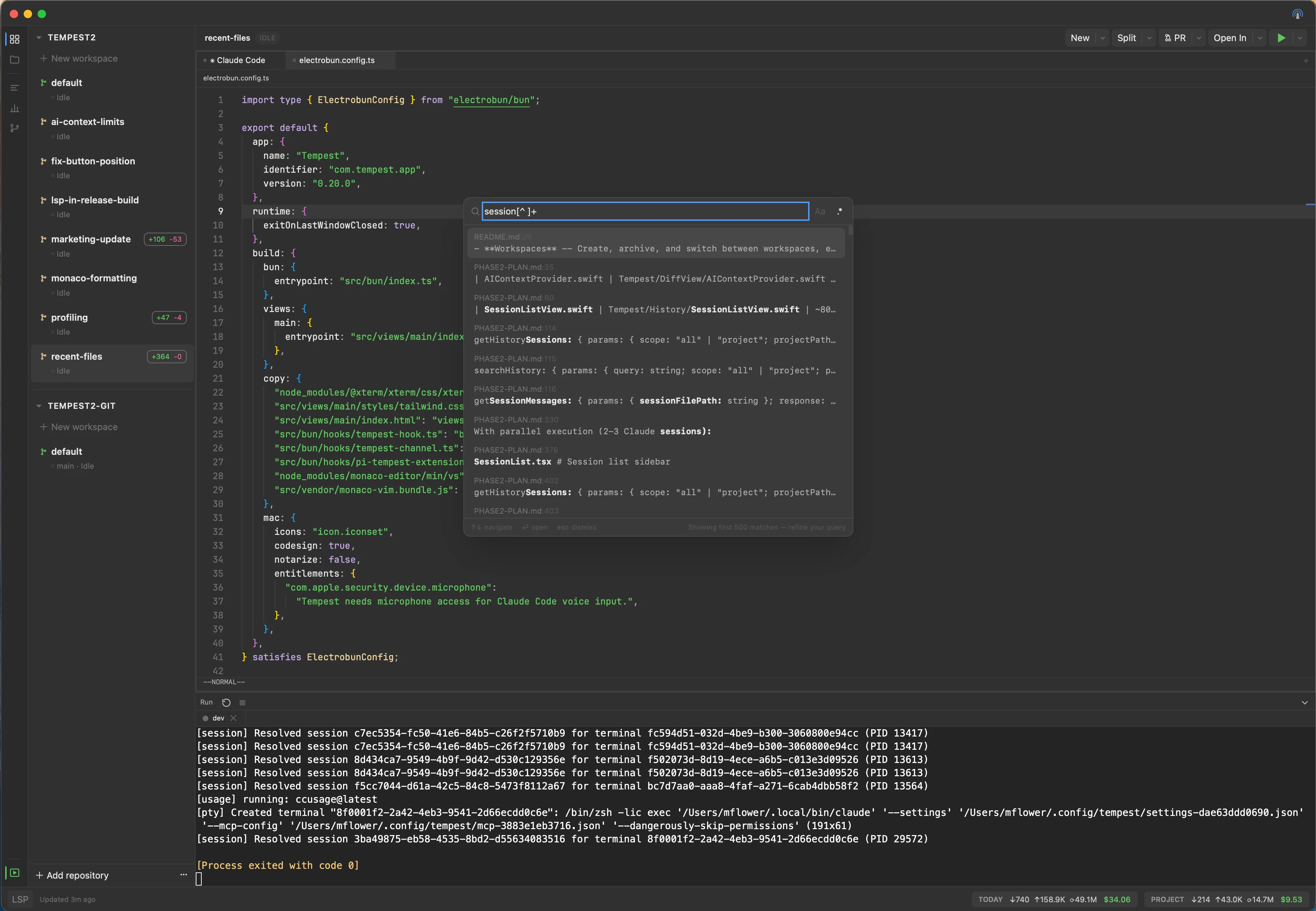 Find in Files modal showing ripgrep-backed search results across the workspace