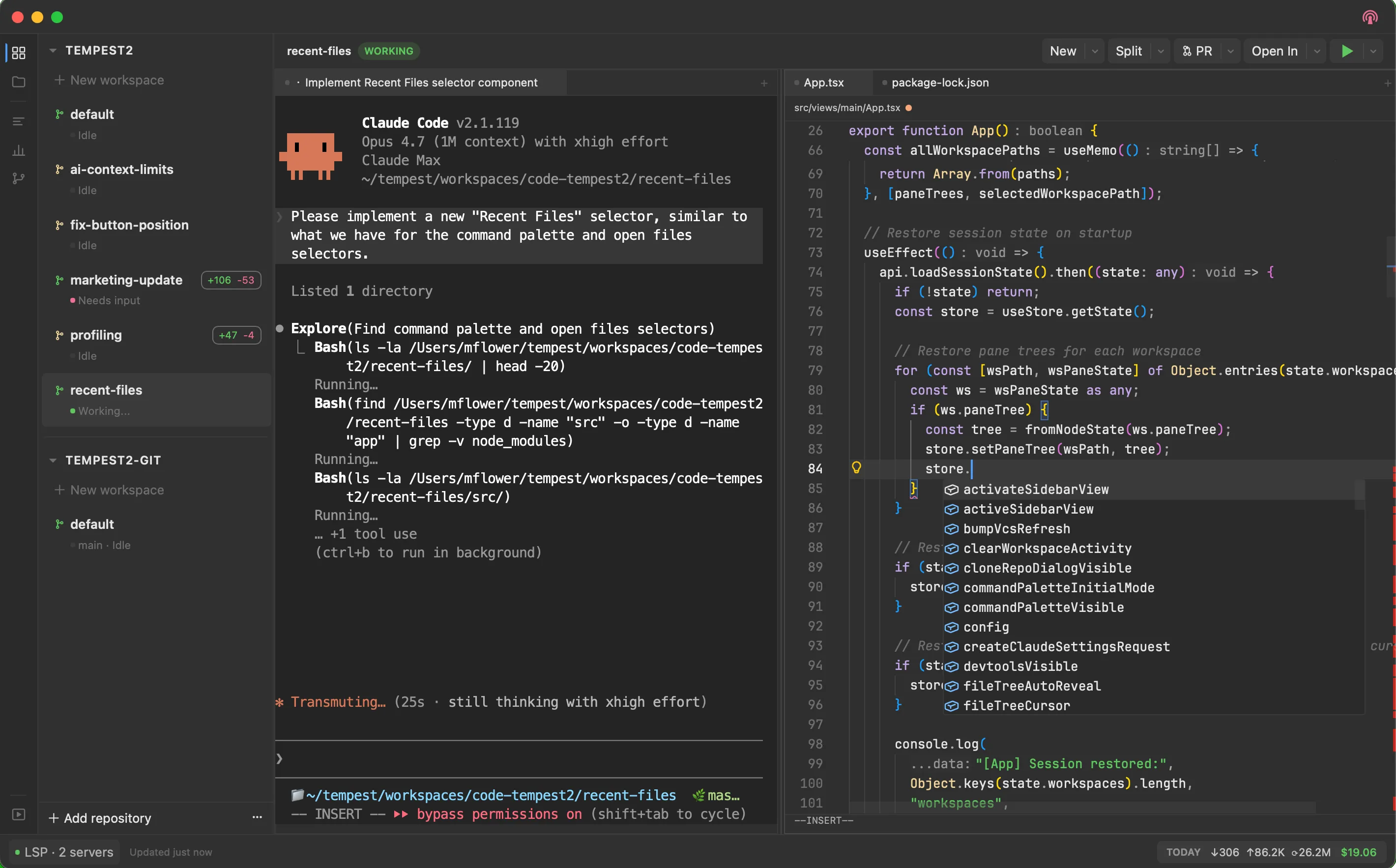 Tempest workspace: Monaco editor with LSP diagnostics, a Claude Code tab streaming a response, and the Workspaces sidebar