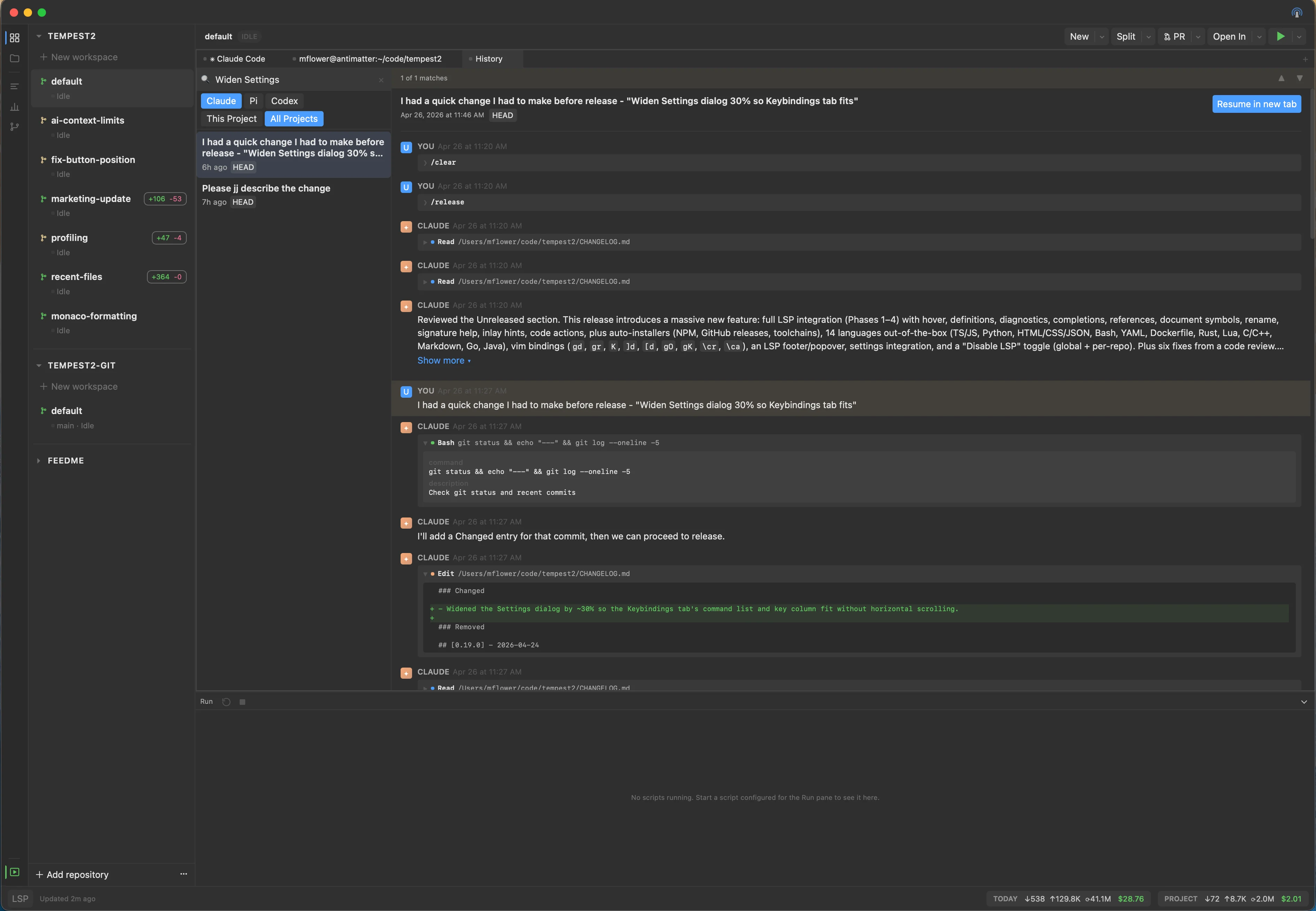 Chat history viewer searching past sessions across Claude, Codex, and Pi
