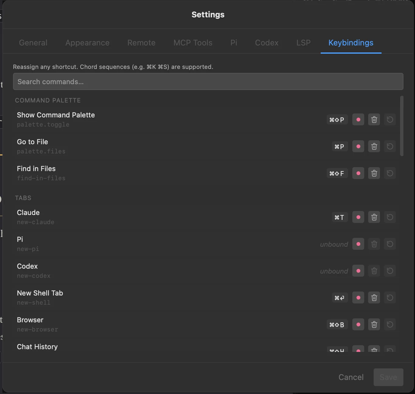 Settings -> Keybindings dialog with a binding being captured as a chord and a conflict warning