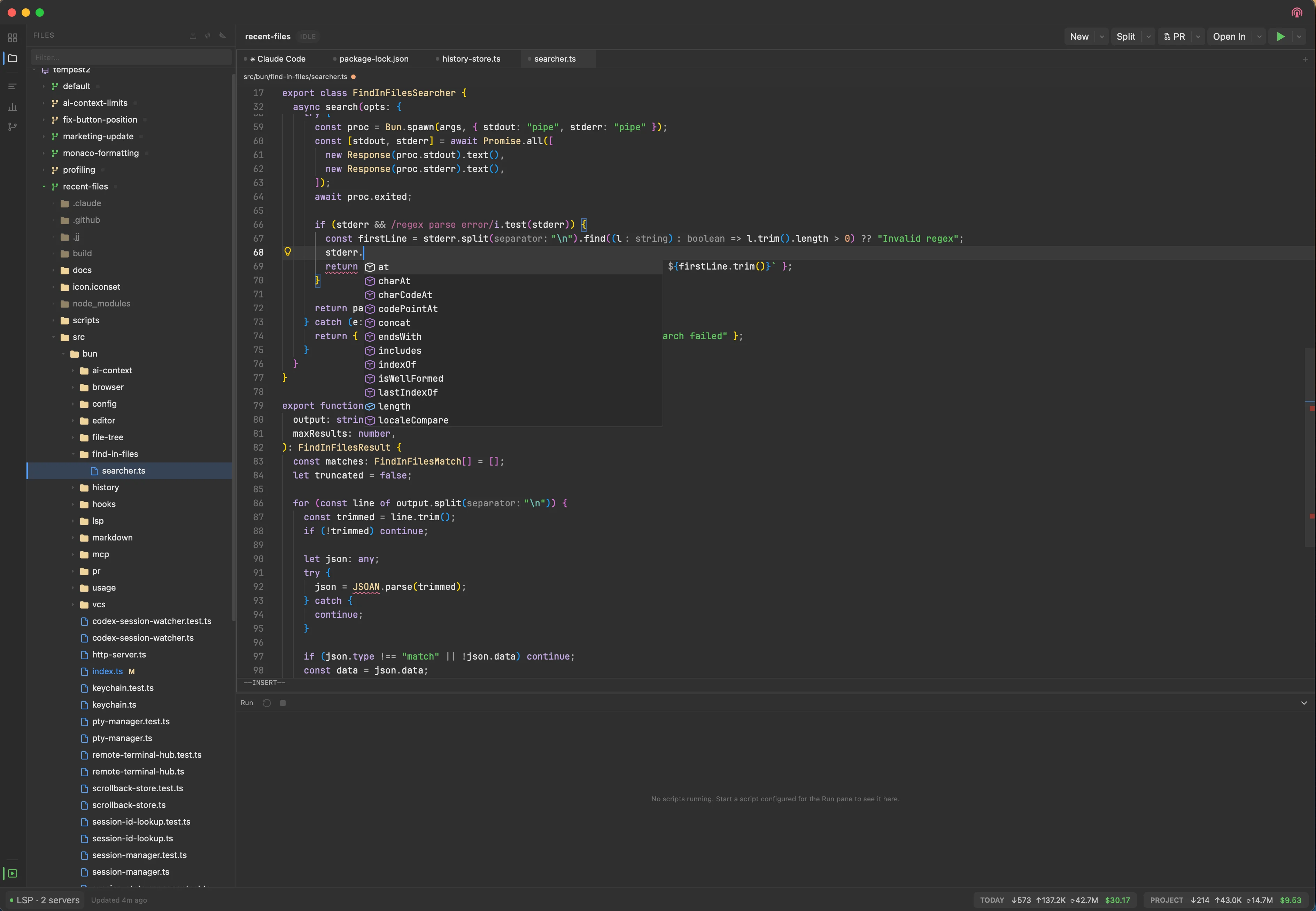 Monaco editor with an LSP hover popup and the footer LSP popover listing running language servers