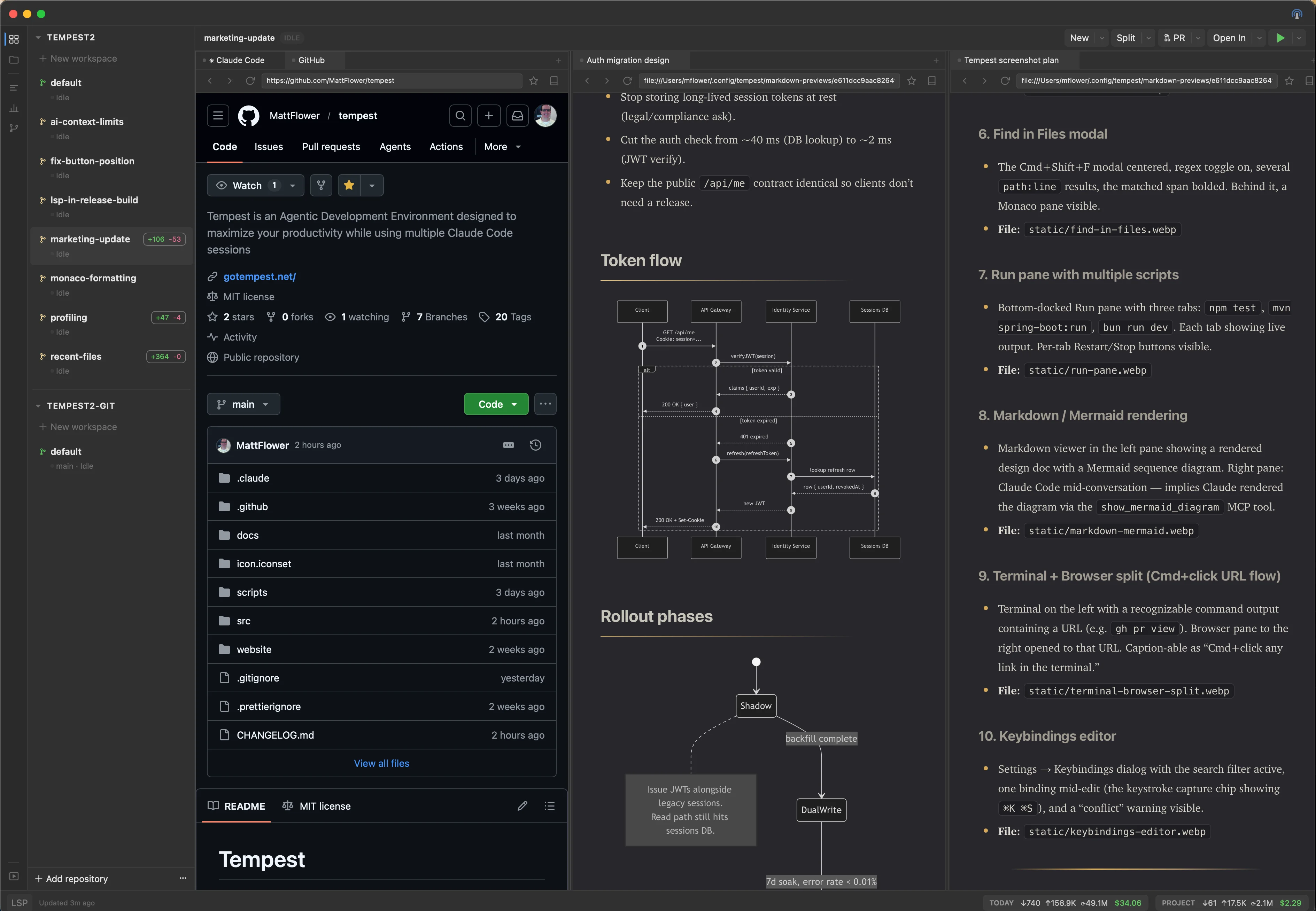 Markdown viewer rendering a design doc with a Mermaid sequence diagram next to a Claude conversation