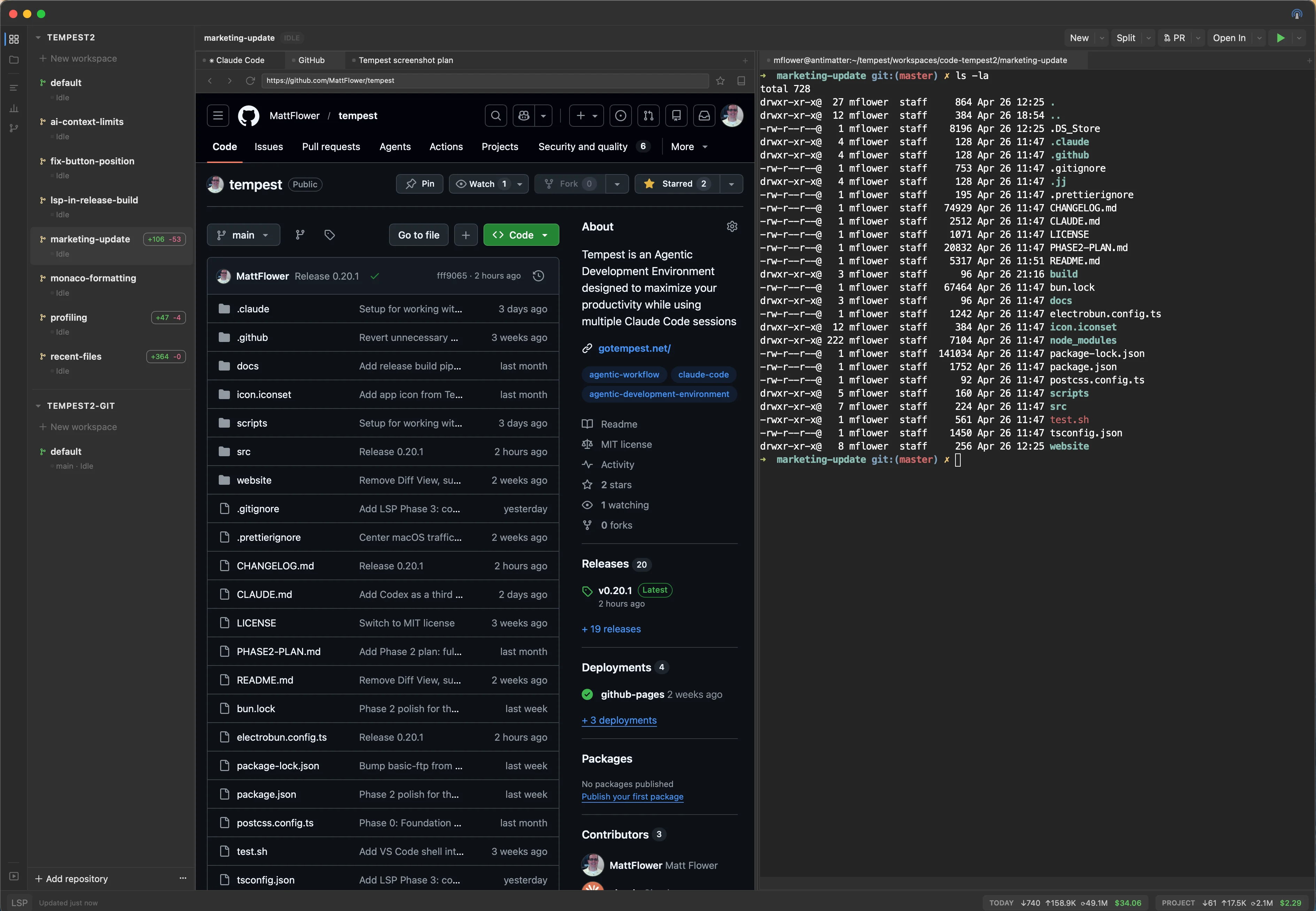 Terminal pane on the left with a URL opened as a Browser pane on the right via Cmd+click