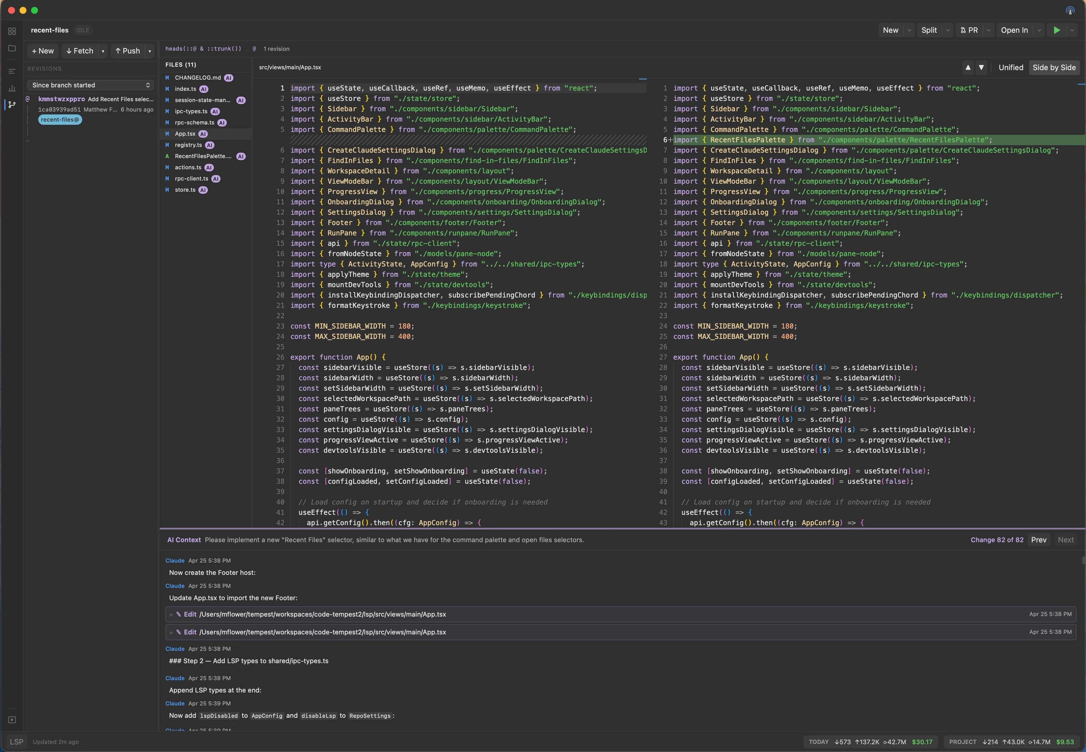 VCS view with the Pull / Push / Merge / Rebase toolbar over a unified diff