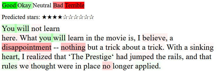 Sample output about The Prestige, from Roger Ebert's review