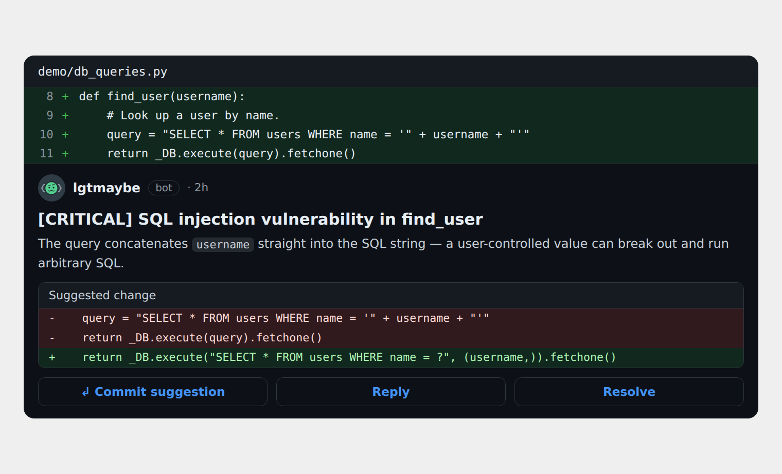 An inline lgtmaybe review comment on a GitHub pull request flagging a [CRITICAL] SQL injection vulnerability, with an explanation and a suggested parameterised-query fix