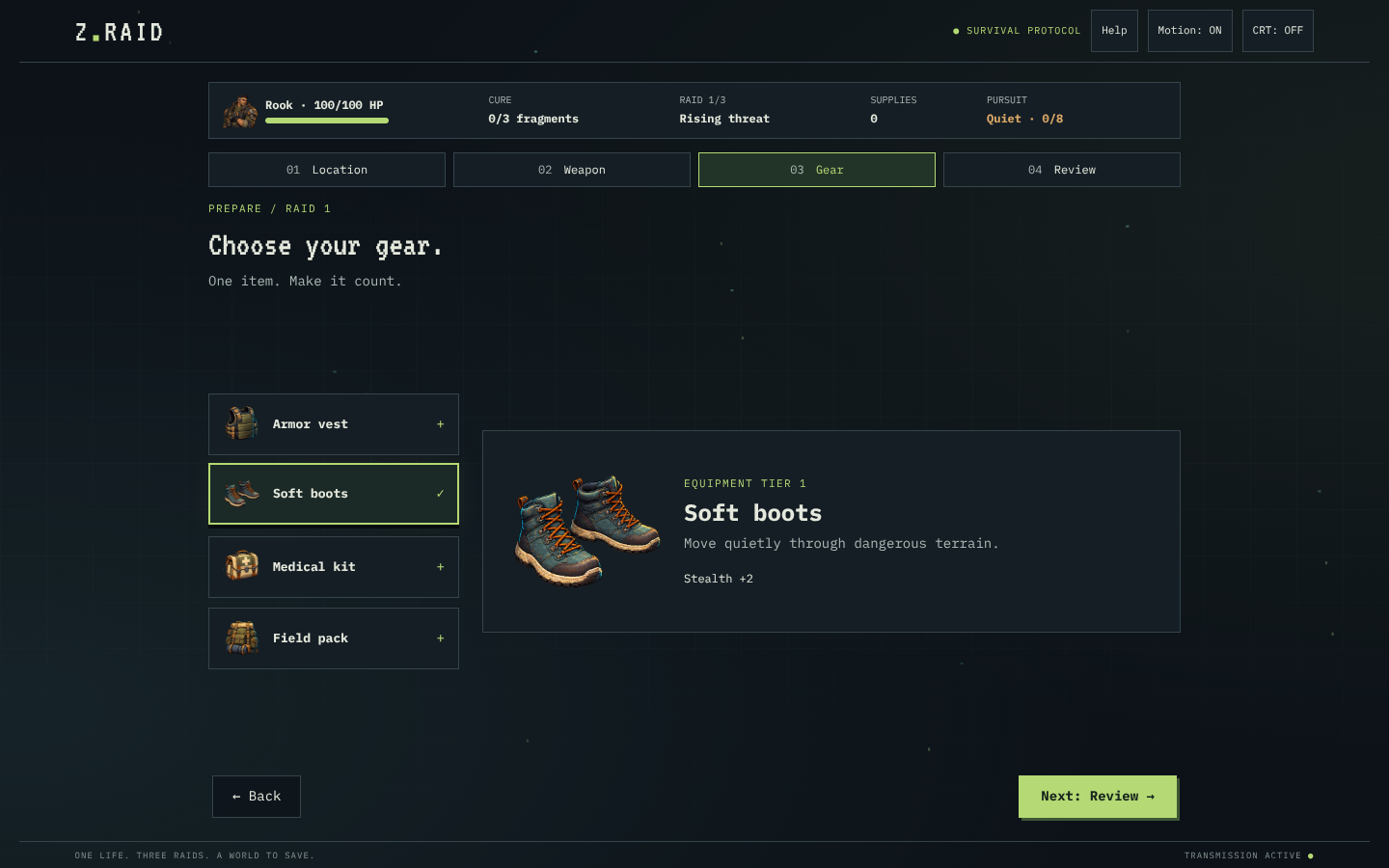 Four-step preparation with illustrated gear choices and a selected-item description