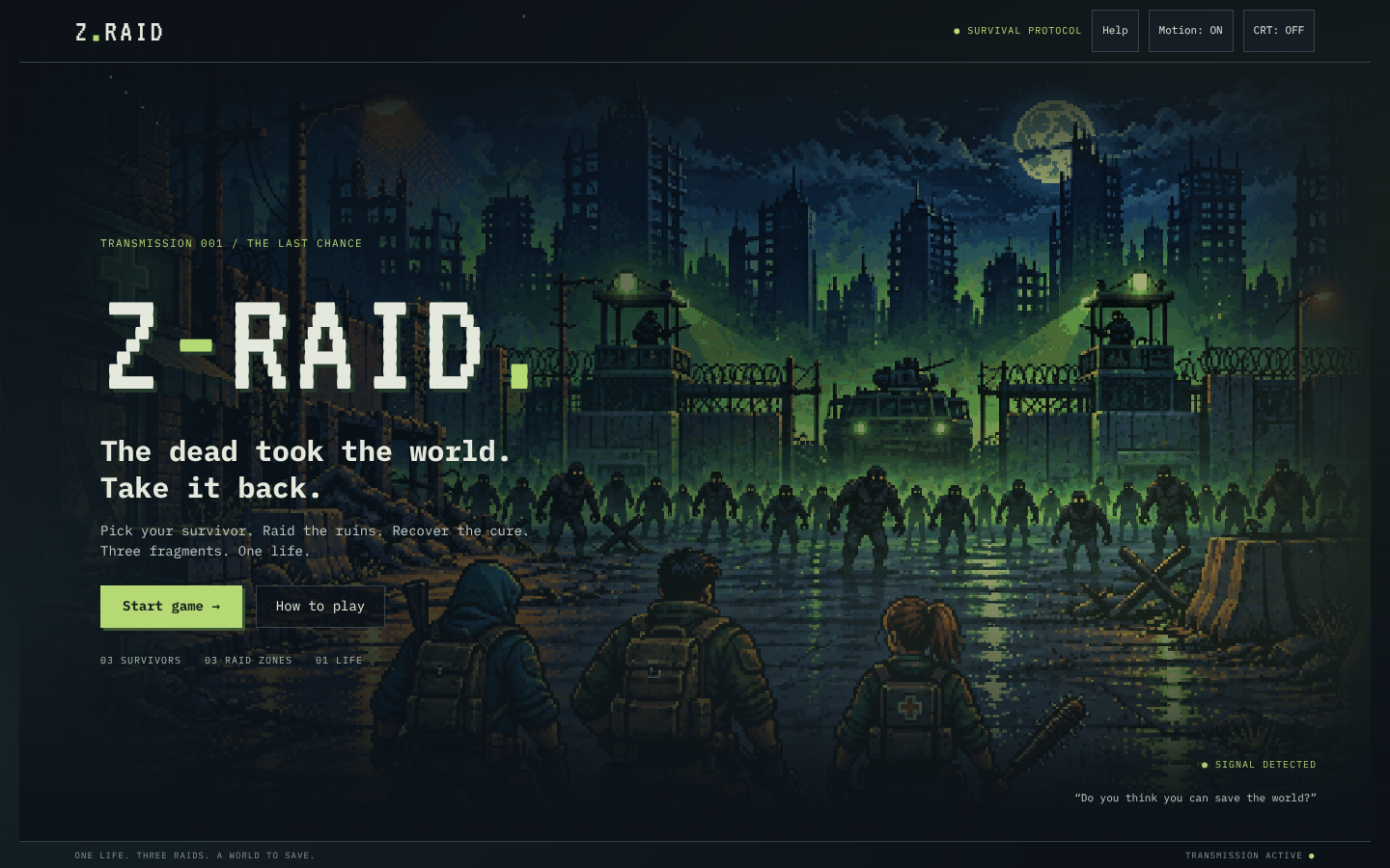 Updated Z-Raid title screen with a ruined-city backdrop and survival-game controls