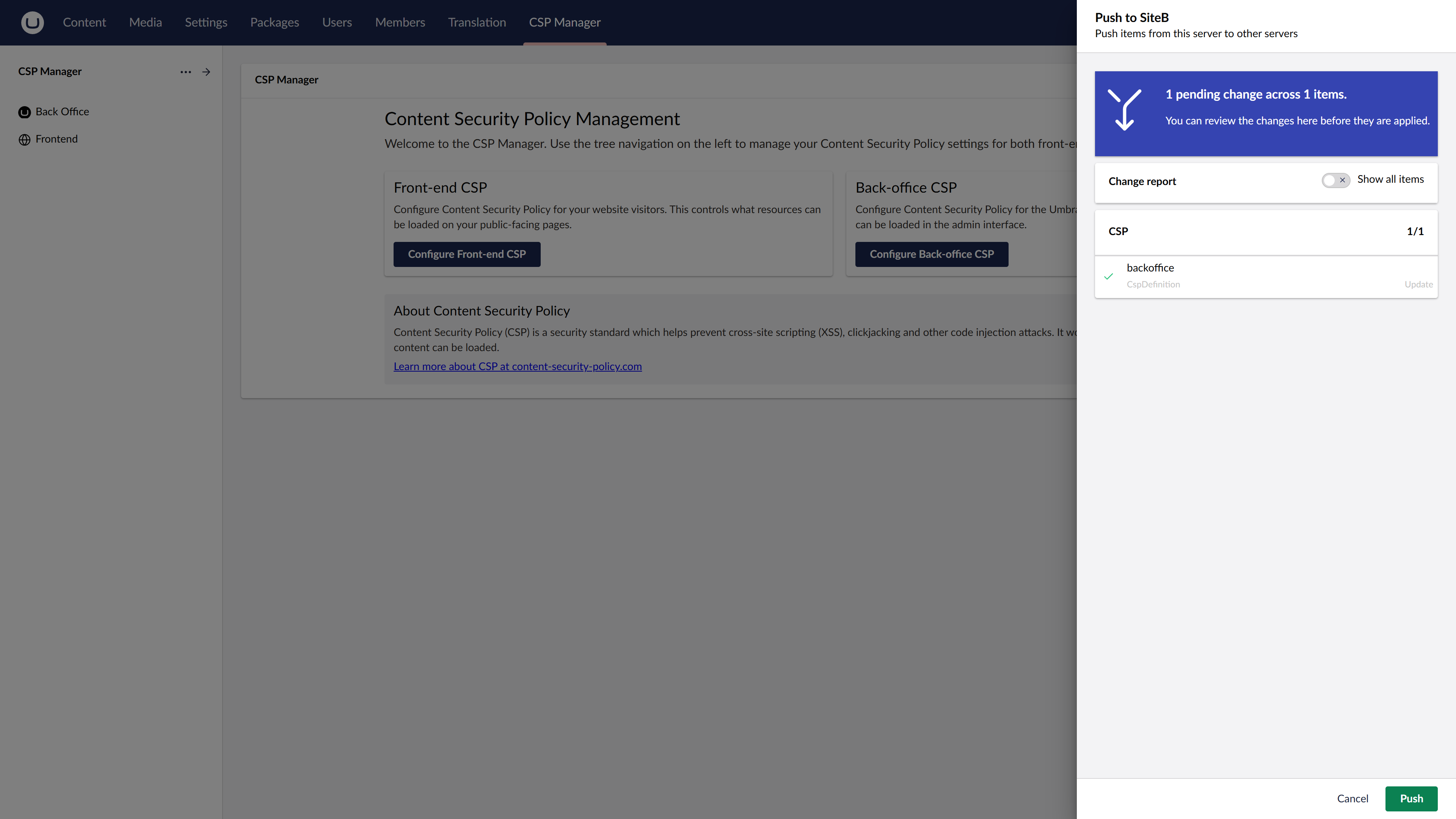 Push CSP policies Push CSP policies to a remote environment