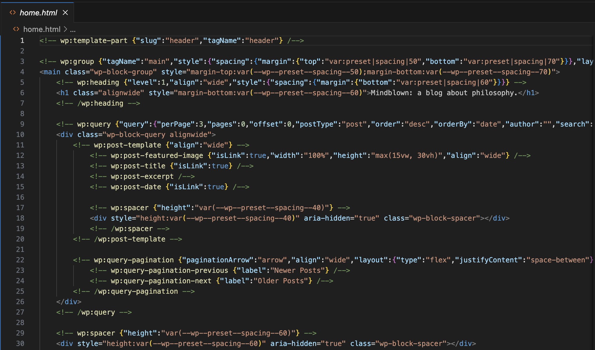 Screenshot of an HTML file containing colorized WordPress blocks