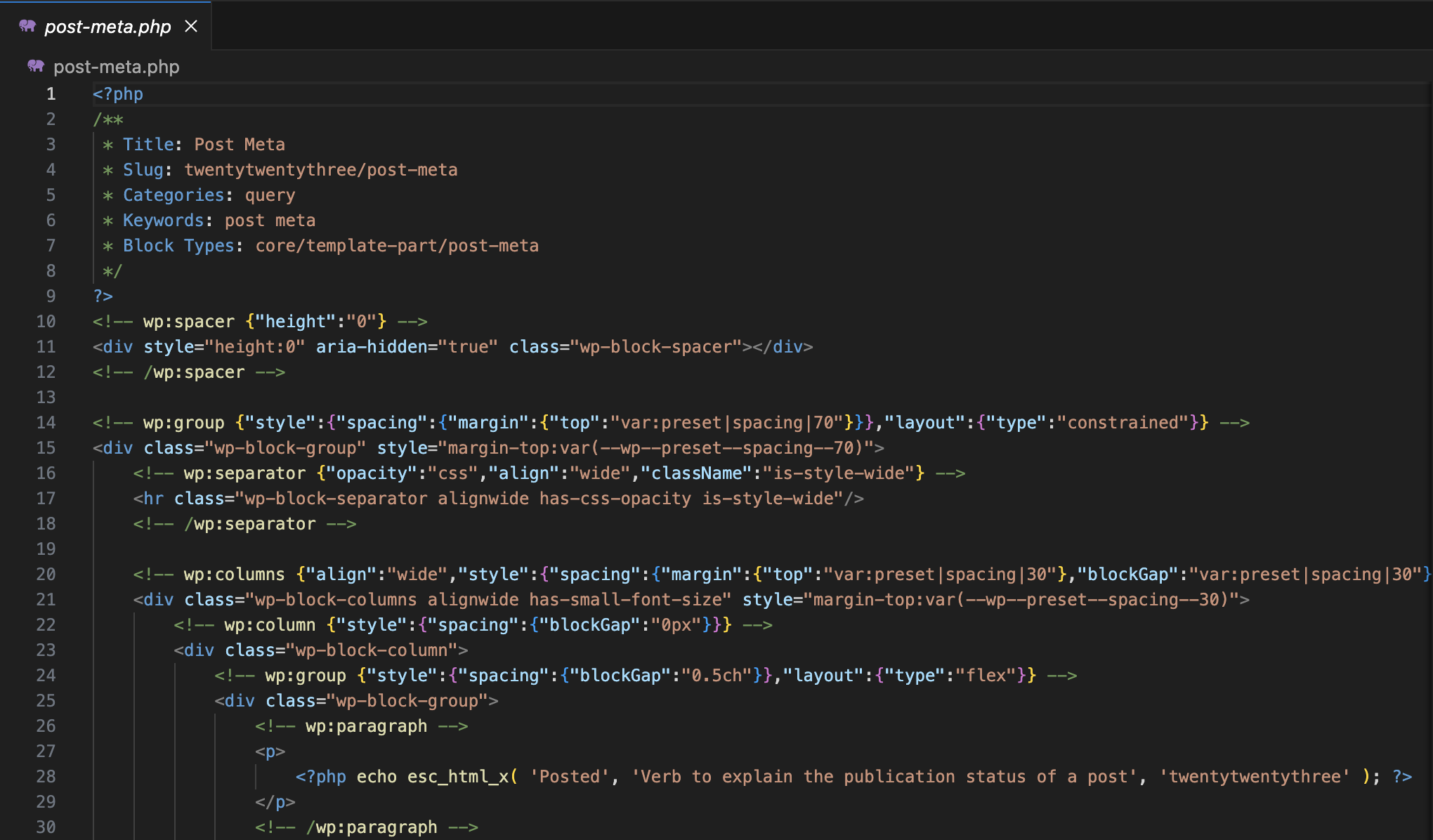 Screenshot of a PHP WordPress theme file containing a colorized block pattern header and colorized HTML
