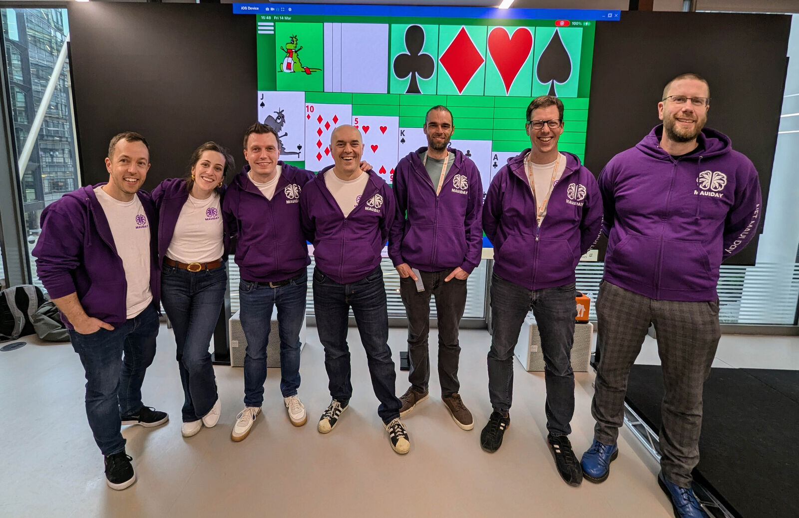 MAUI Day London 2025 team members Shaun Lawrence, Maddy Montaquila, Gerald Versluis, Clifford Agius, Tony Edwards, Tobias Hoppenthaler, and Matt Lacey standing together.