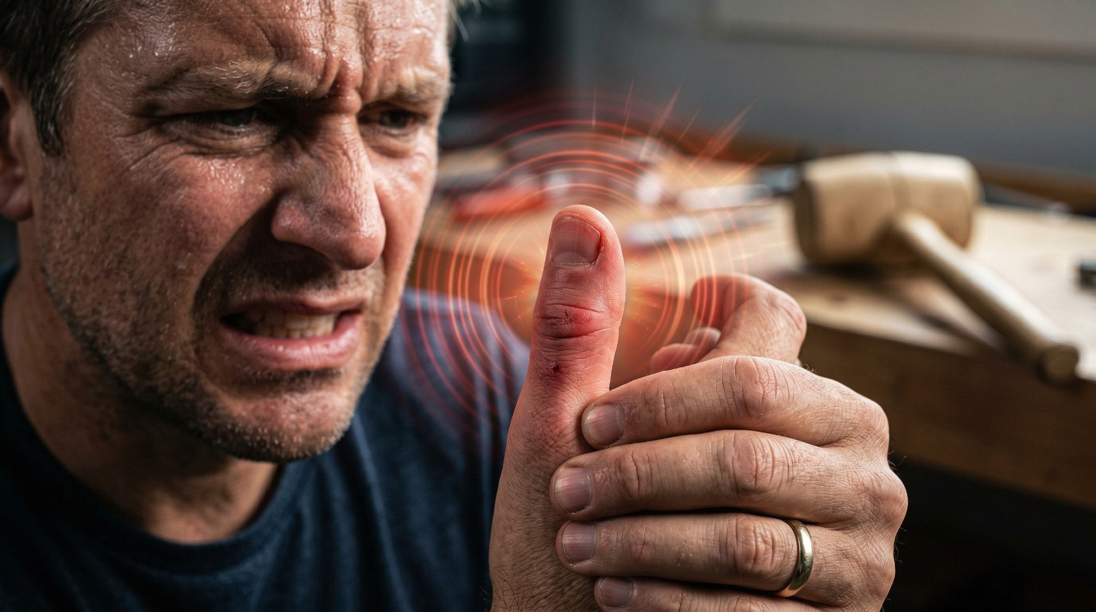Person with throbbing pain in thumb
