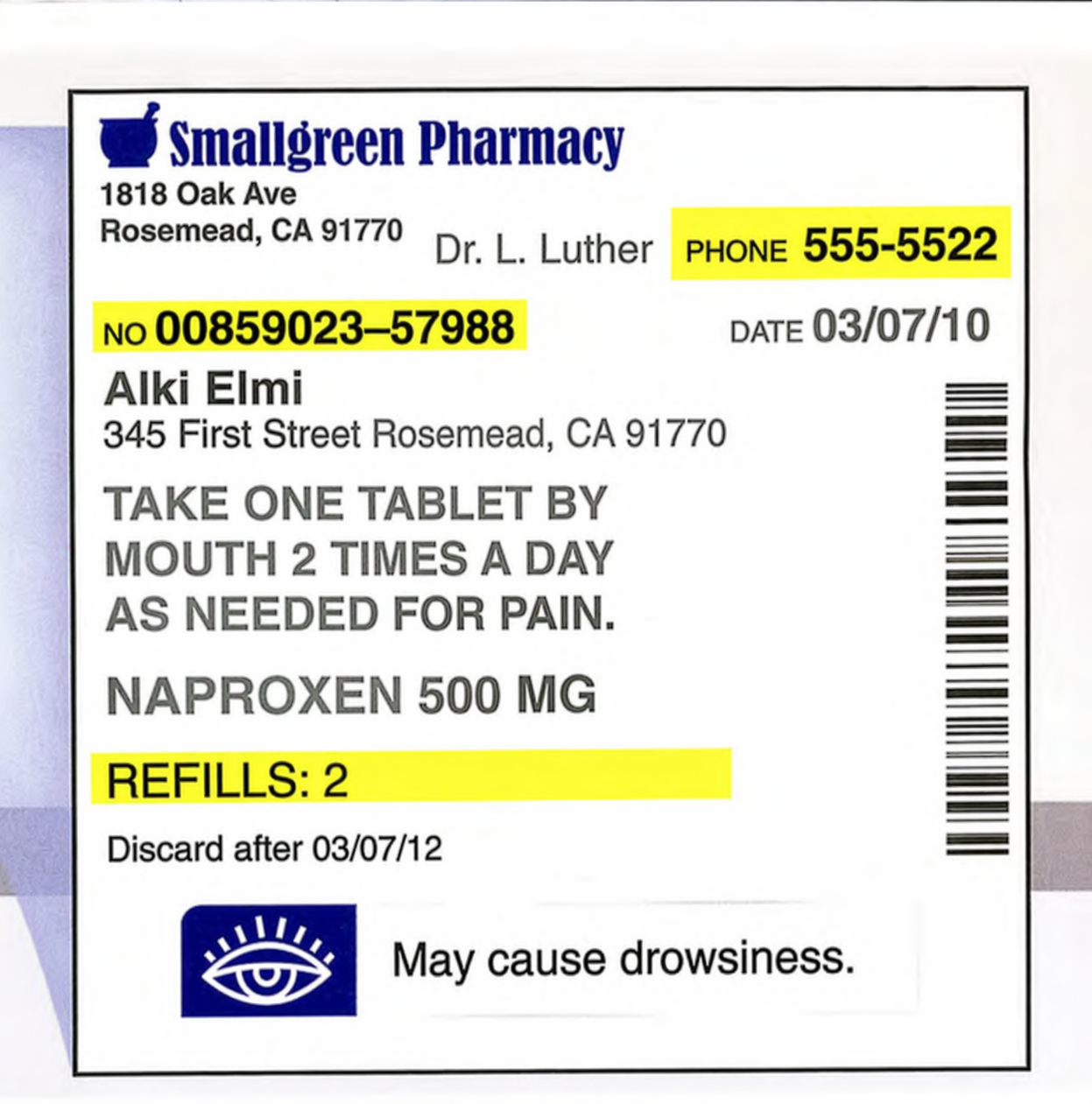 Example of a prescription label with medication details
