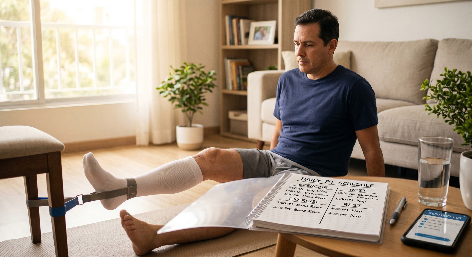 Patient following a recovery regime with physical therapy