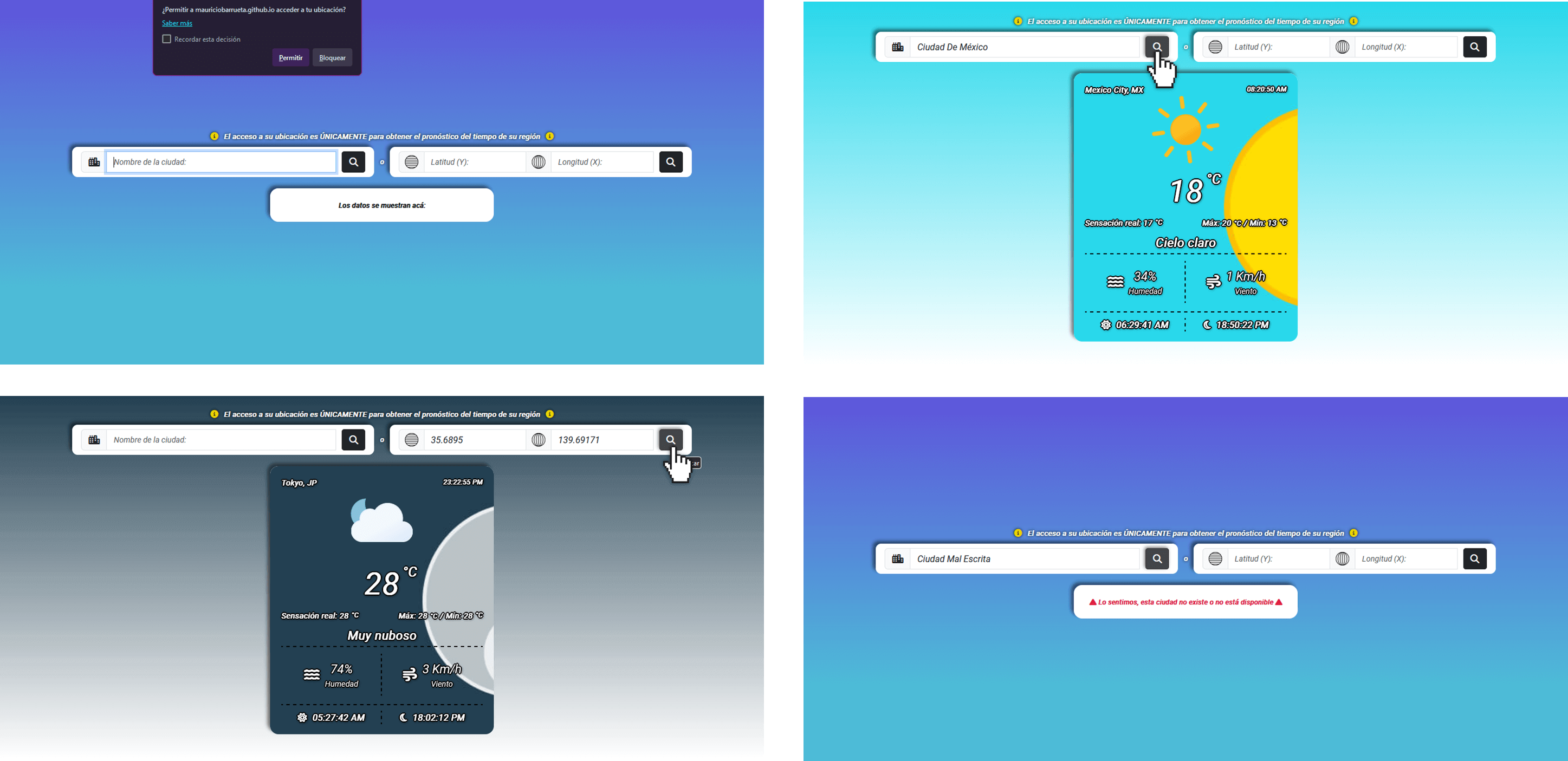 HTML para la estructuración, JavaScript 
                y jQuery para la funcionalidad, CSS y el framework Bootstrap para los estilos, el módulo gh-pages de npm para la publicación de la página en GitHub Pages - API gratuita 
                de 'OpenWeatherMap'(https://openweathermap.org/).