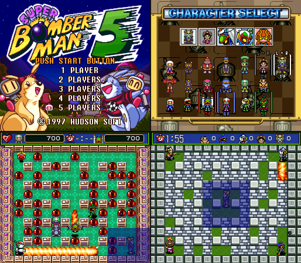 Five-player Normal Game title menu; seven-column character selection with Emperor Terrorin, Honey and Super Bomberman 4 Bomber Kings in changed colors; a Normal Game stage with green Subordinate Bomber riding Black Louie, Jet flying with his fire trail, Bazooka's fire beam, Hammer's mace and Terrorin's barrier; Battle Mode with Kotetsu's sword, Bazooka's fire beam, Hammer's mace, Honey and Terrorin's barrier