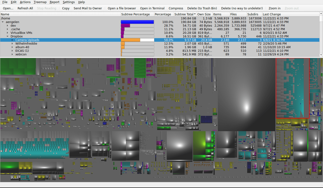 Screenshot of the k4dirstat UI, with the 'tree view' at the top and the 'treemap view' at the bottom