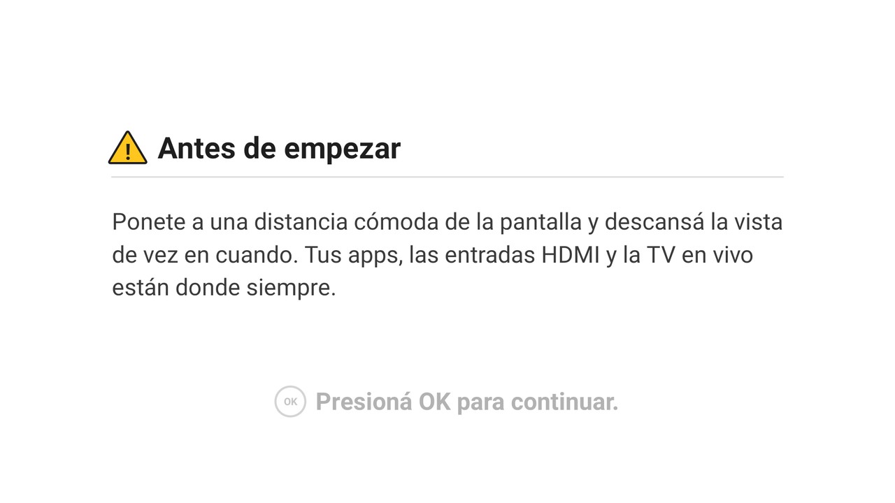 Pantalla de aviso al prender la TV