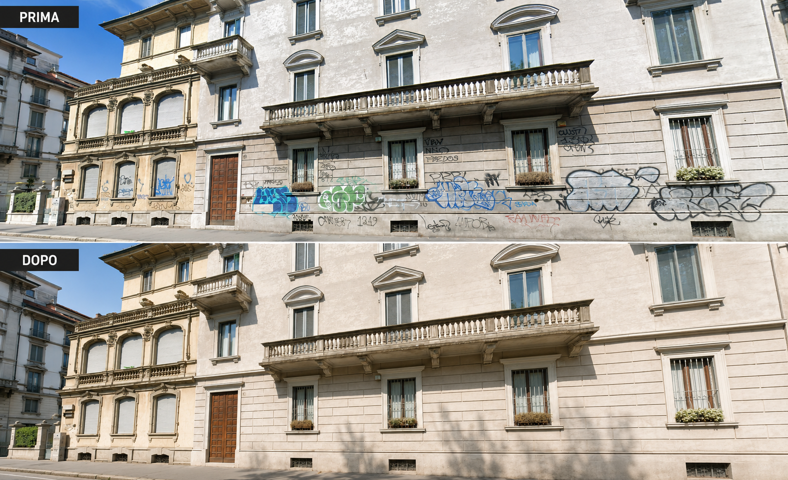Prima e dopo la rimozione dei graffiti da un edificio