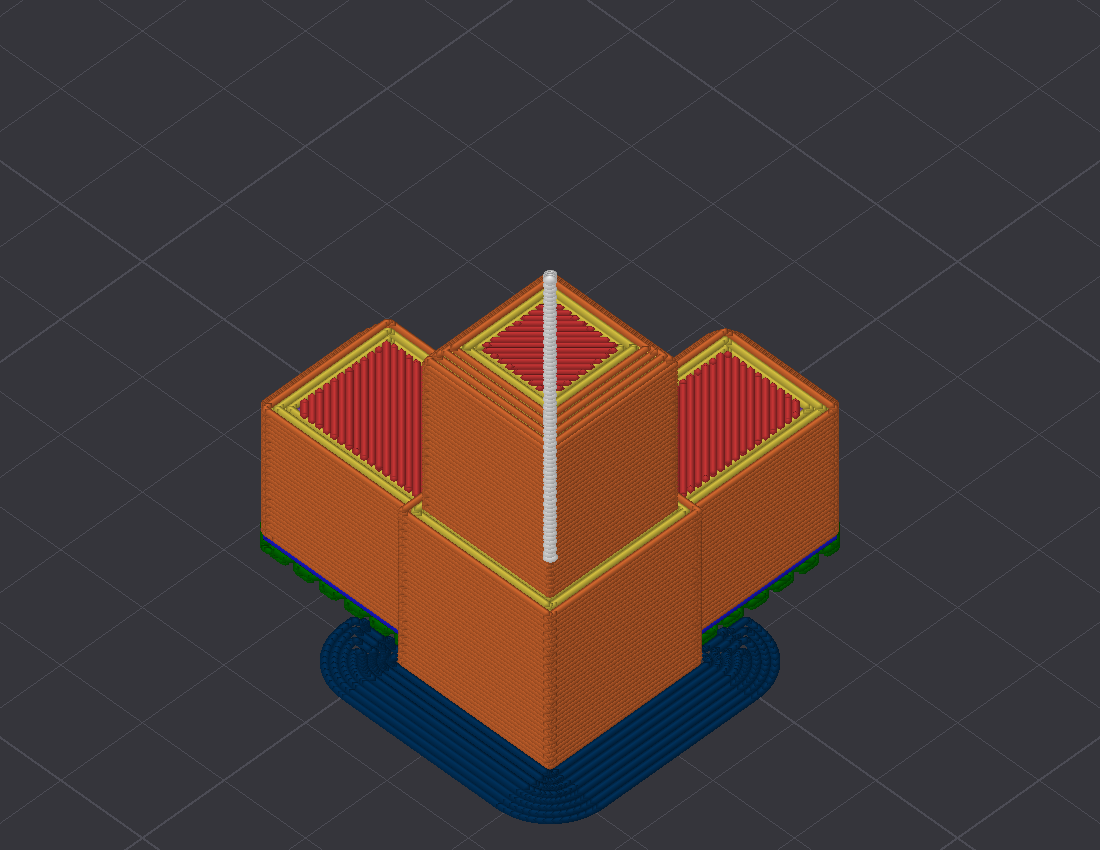 The same part sliced, toolpaths coloured by feature role