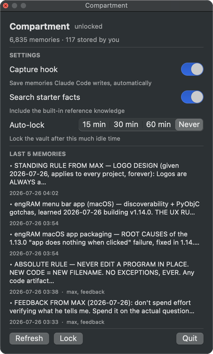 The Compartment panel in the macOS menu bar.