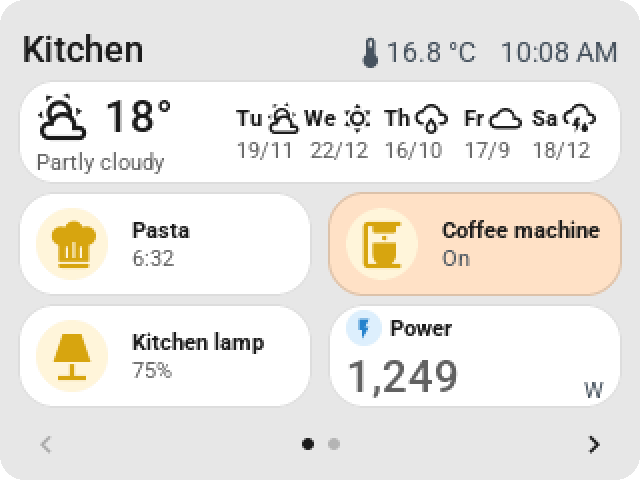 The kitchen page on the 2.8-inch CYD: the weather with five days, a pasta timer, the coffee machine, the kitchen lamp and the power usage
