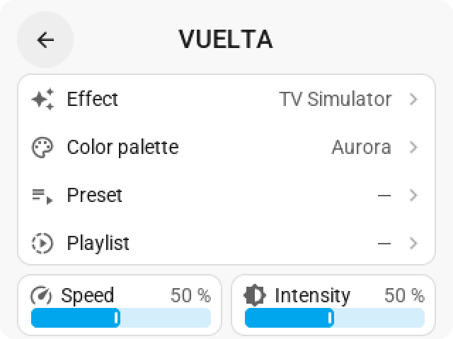The same effects page on the CYD: four rows and the two sliders in 320 by 240 pixels