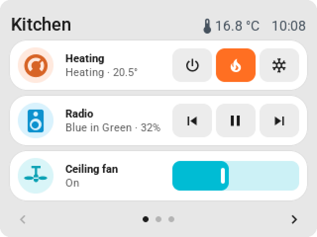 The CYD with heating mode keys, playback keys for the radio and a ceiling fan's speed slider