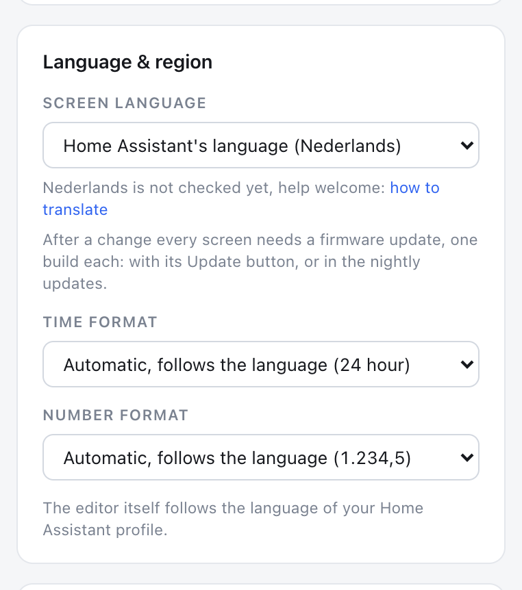 Language and region in ESP Screens: the screen language set to Home Assistant's language, the time format and the number format, each following the language