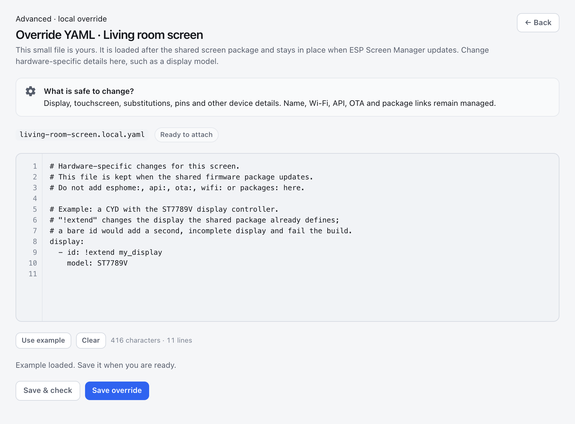 Override YAML for the living room screen: a small file of its own, loaded after the shared package, here with the example that changes the display controller