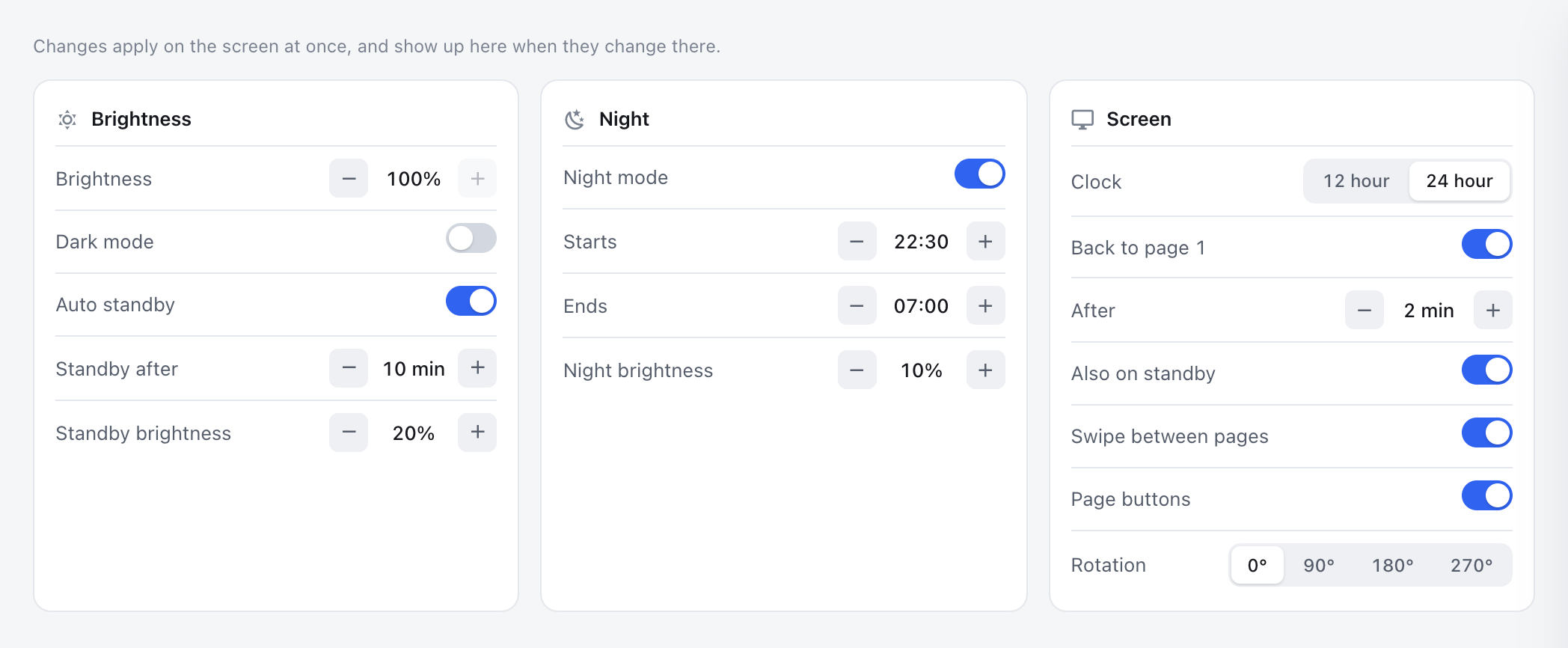 The Screen settings tab in ESP Screens: Brightness with Dark mode and standby, Night with its hours and brightness, and Screen with back to page 1, swiping, the page buttons and the rotation