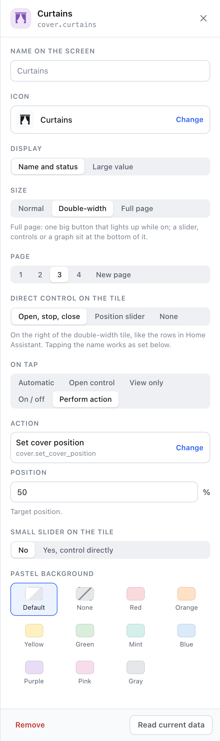 Tile settings of the curtains in the drawer: double-width with open, stop and close on the tile, what a tap does, and the pastel background