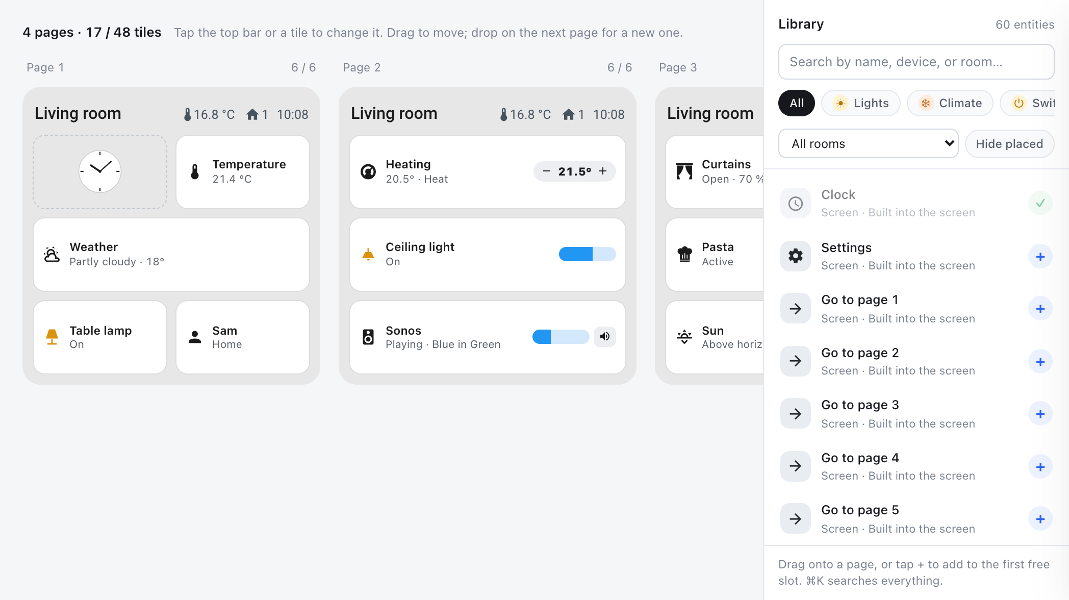 Choosing tiles: the pages of the screen side by side, next to the library with its search and filters