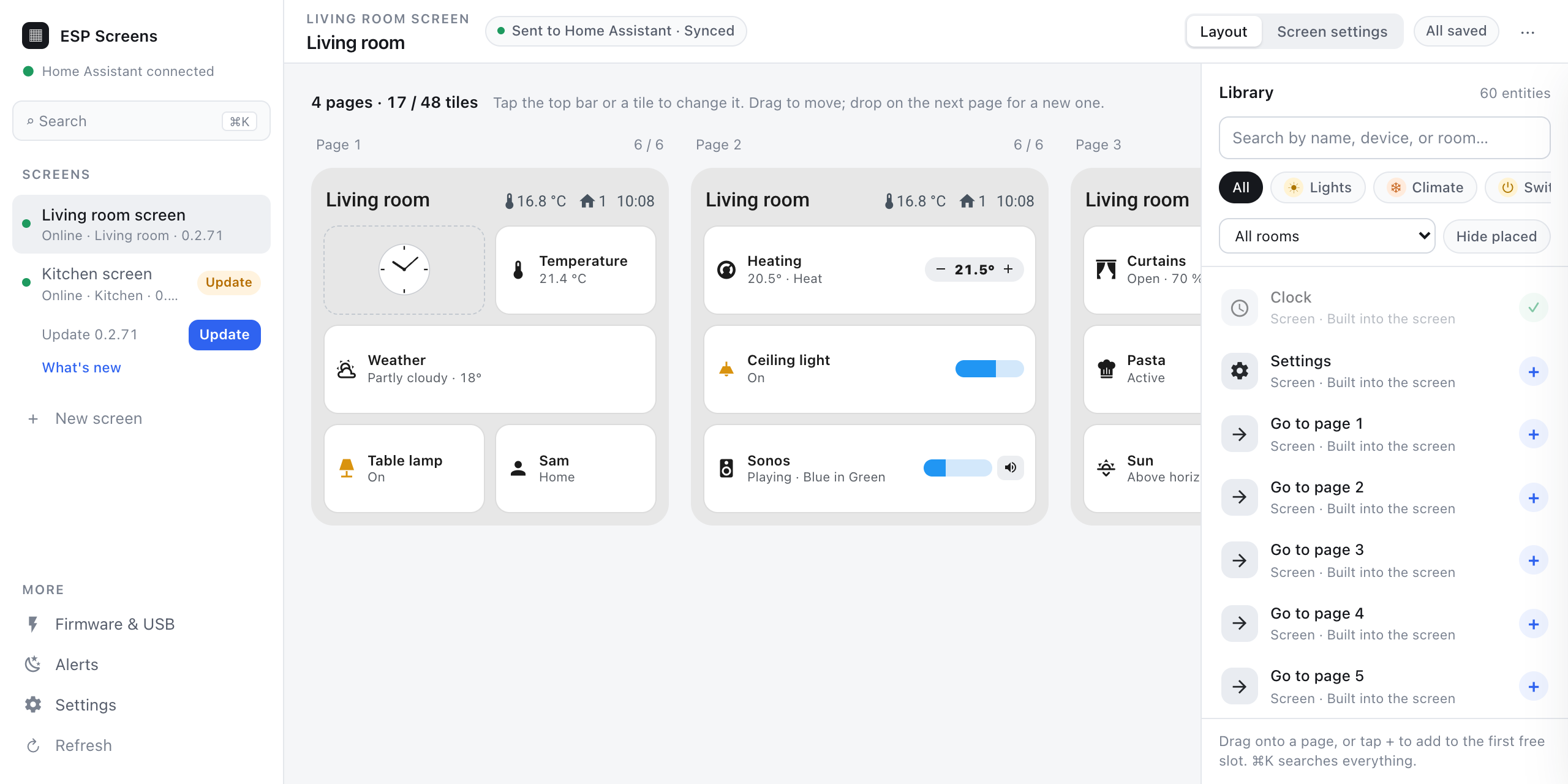 ESP Screens in Home Assistant: your screens in the sidebar, the pages of the living room screen side by side with their top bar, and the entity library on the right