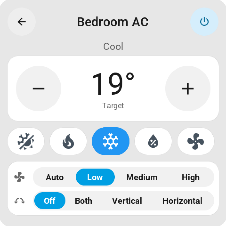 Climate card: the target temperature between big minus and plus keys, the mode keys, and fan and swing choices