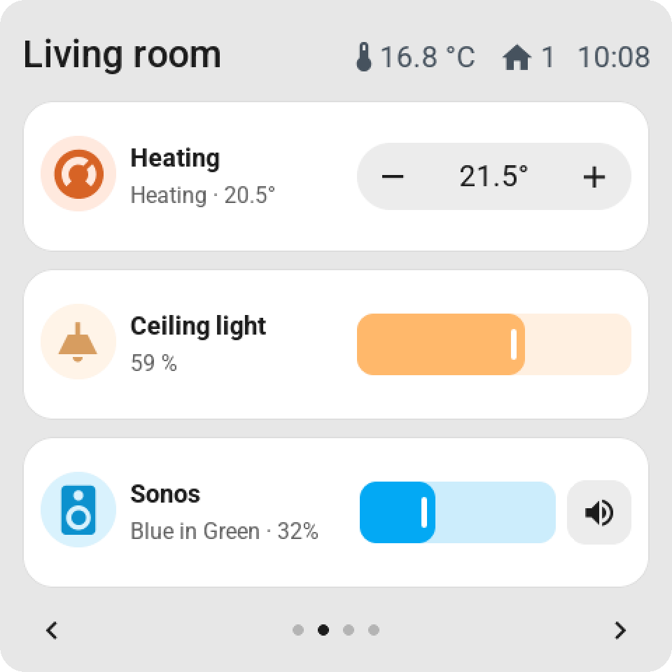Double-width tiles with direct control: the heating setpoint, a dimmer and the Sonos volume