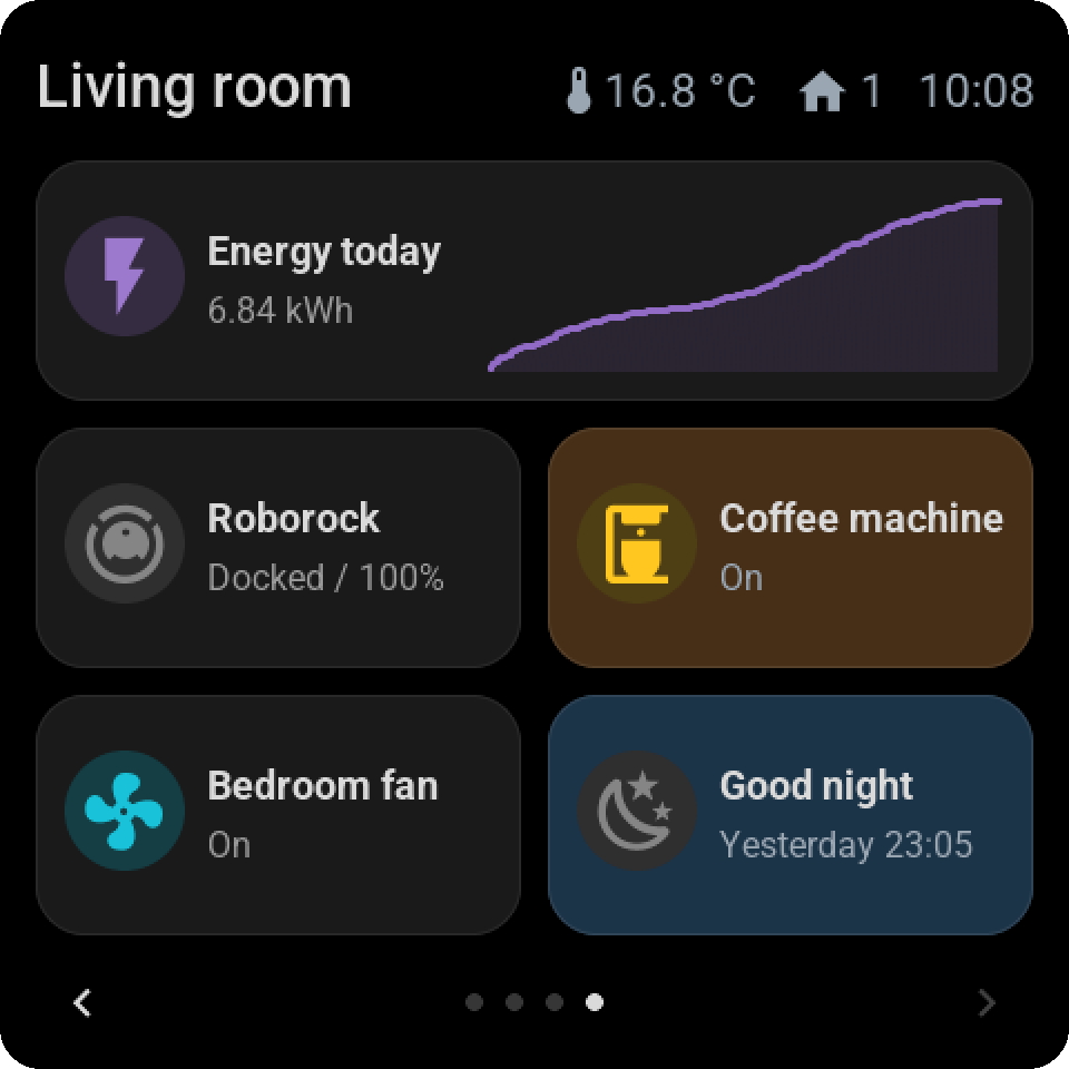 Dark mode with pastel backgrounds: the coffee machine and the good-night script keep their colour, deeper
