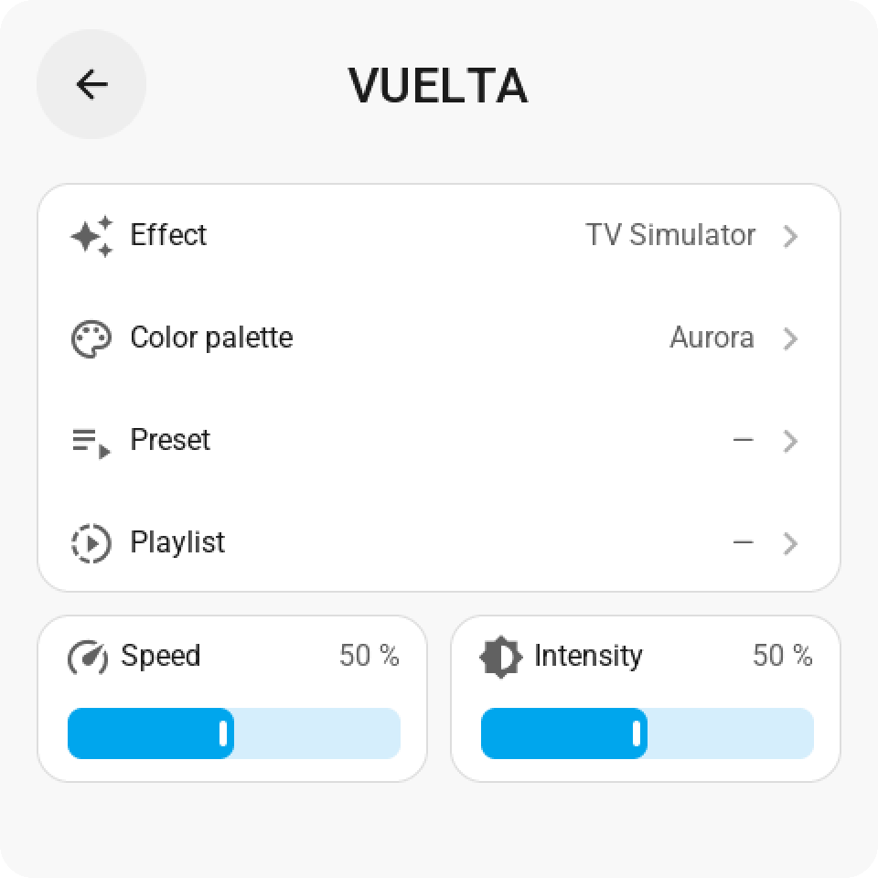 The effects page of a WLED lamp: the effect, colour palette, preset and playlist rows with what they are set to, and the speed and intensity sliders