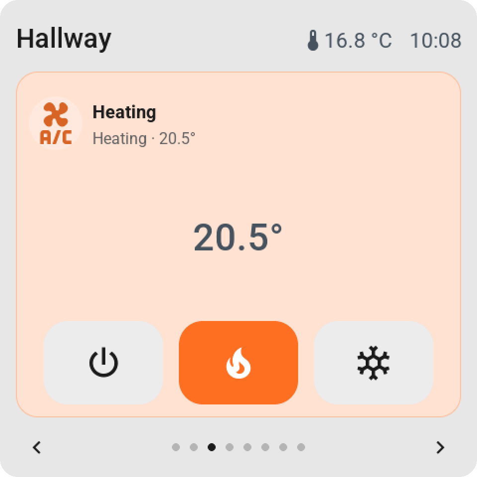 A full-page heating tile: the room temperature big in the middle, the mode keys at the bottom