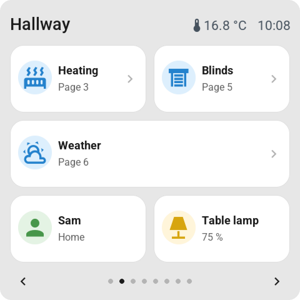 Navigation tiles: Heating, Blinds and Weather each open their own page, next to a person and a lamp