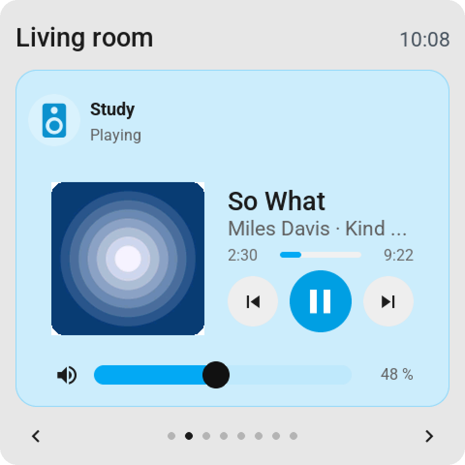 A media player over the whole page: the cover at the left, the track, the bar and the keys beside it, the volume row along the bottom